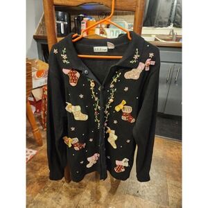 Vintage Handmade B.P. Design‎ Christmas Sweater Button Up Stockings Roses Large